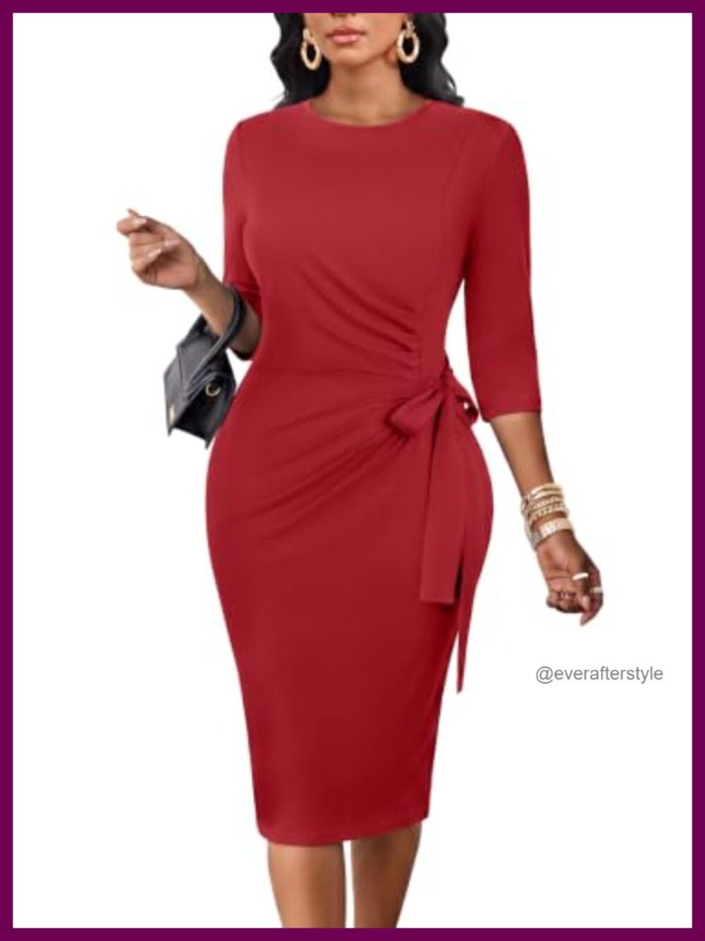 Ruched Waist Midi Bodycon Work Dress 3/4 Sleeve Business Office Church Sheath